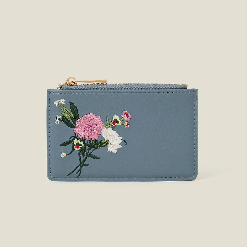 ladies handbags with shoulder straps-Accessorize London Women's Blue Embroidered Floral Cardholder