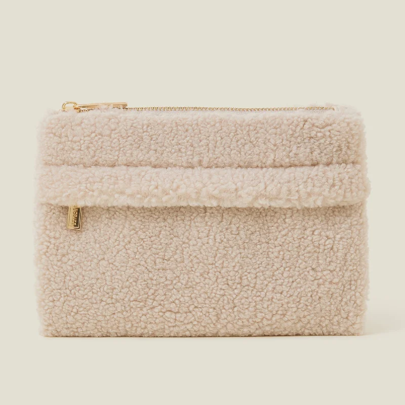 ladies handbags with chain detailing-Accessorize London Women's Cream Medium Faux Shearling Zip Pouch