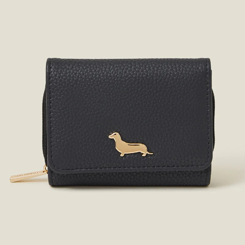 ladies handbags with gold trim-Accessorize London Women's Navy Blue Sausage Dog Purse