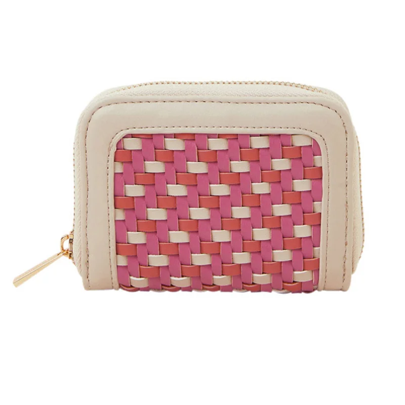 ladies wallet with embossed logo-Accessorize London Women's Pink Weave Zip Around Wallet