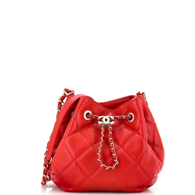 Ladies shoulder bag with boxy shape-CC Drawstring Bucket Bag Quilted Lambskin Mini