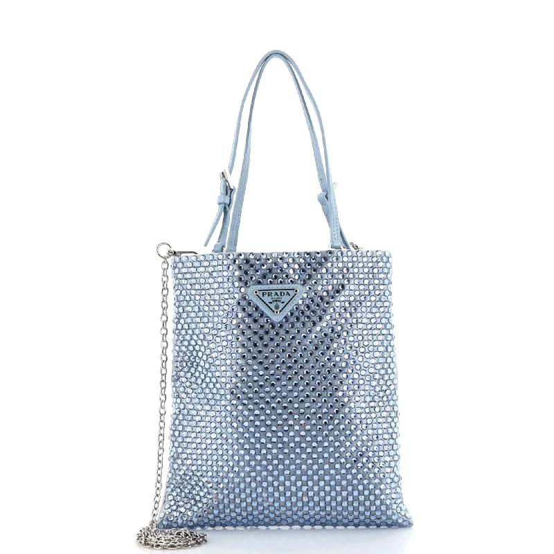 Ladies tote bag oversized-Chain Flat Tote Crystal Embellished Satin Mini