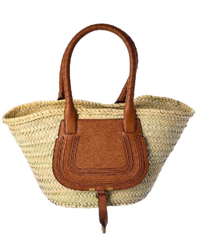 Ladies tote bag lightweight-Chloe Marcie Medium Raffia & Leather Basket Tote