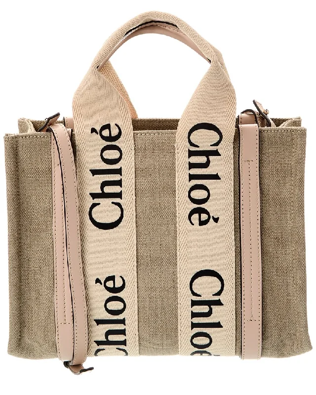 Ladies tote bag for camping-Chloé Woody Small Canvas & Leather Tote