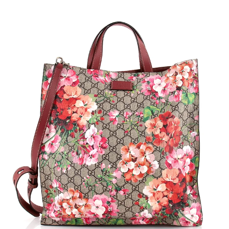 Ladies tote bag with side pockets-Convertible Soft Open Tote Blooms Print GG Coated Canvas Tall