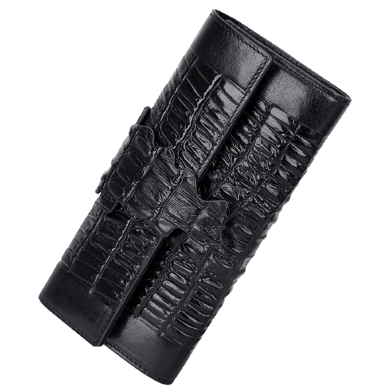 ladies wallet with double clasp-Crocodile Leather Wallet Women