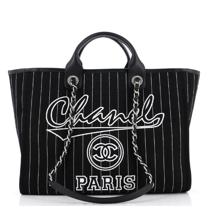 Ladies tote bag with compartments-Deauville Tote Pinstripe Cotton Medium