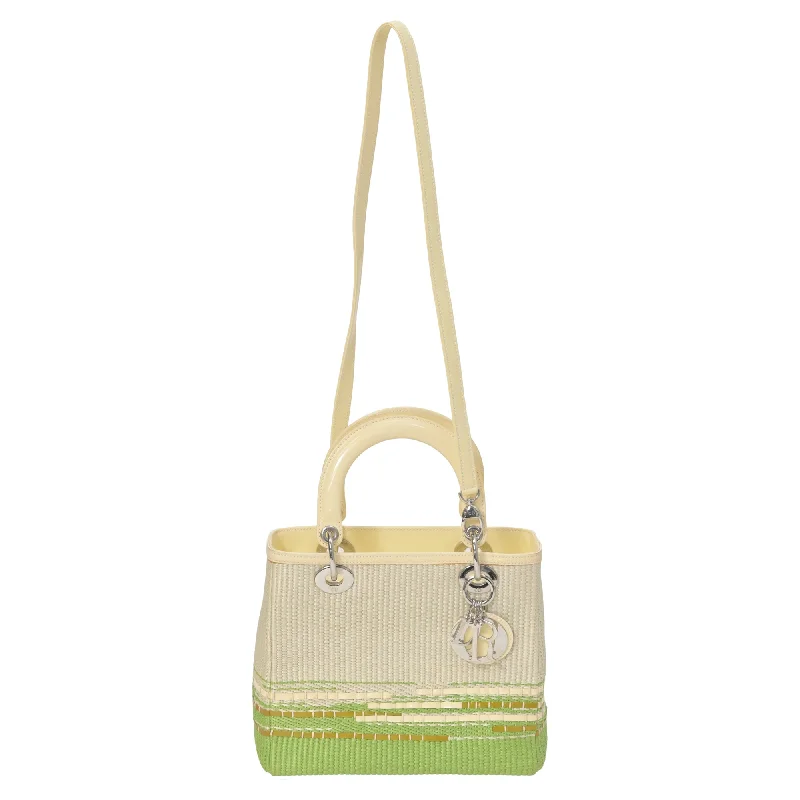 Ladies shoulder bag in boho style-Dior Raffia Medium Lady Dior in Green Leather