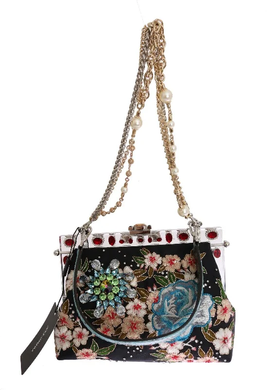 Ladies shoulder bag in green-Dolce & Gabbana Floral Crystal Shoulder VANDA Silk Leather Women's Bag