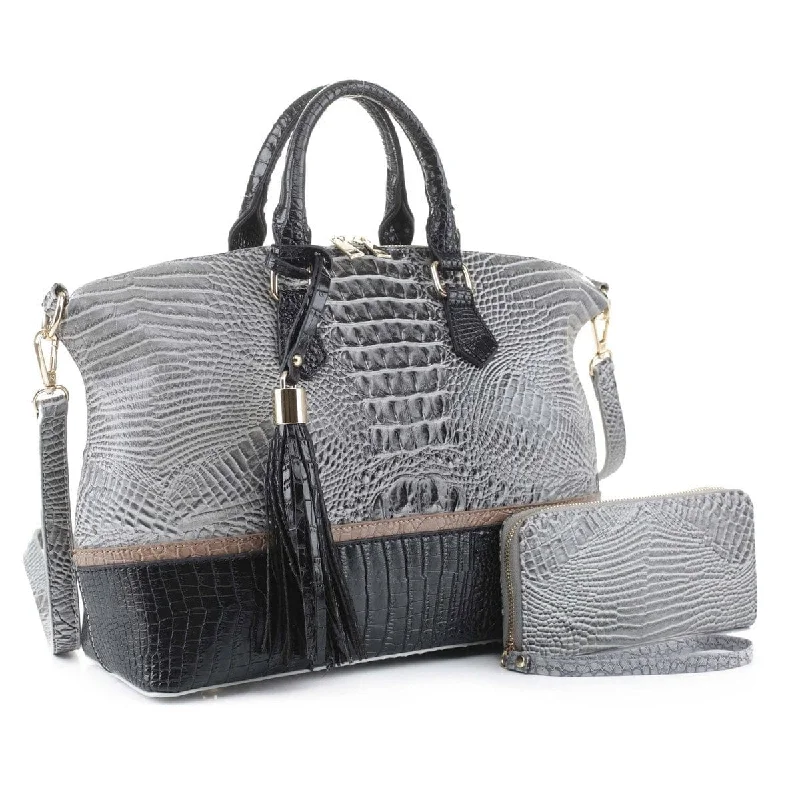 ladies wallet with coin holder-EM1331S Large Crocodile Textured Handbag/Briefcase w/ Wallet