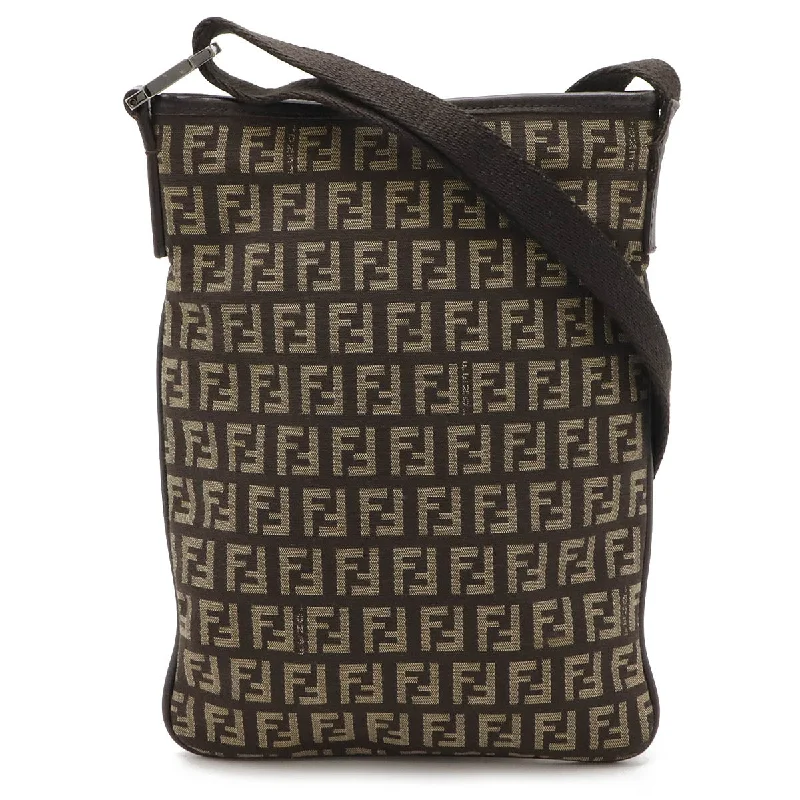 Ladies shoulder bag with drawstring-Fendi Zucchino Canvas Leather Shoulder Bag