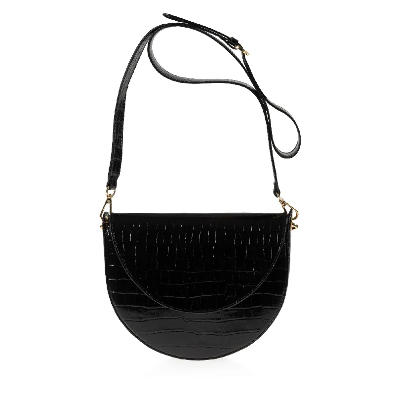 ladies handbags with leather lining-Forget Me Not Saddle Bag (Black Croc-Embossed)