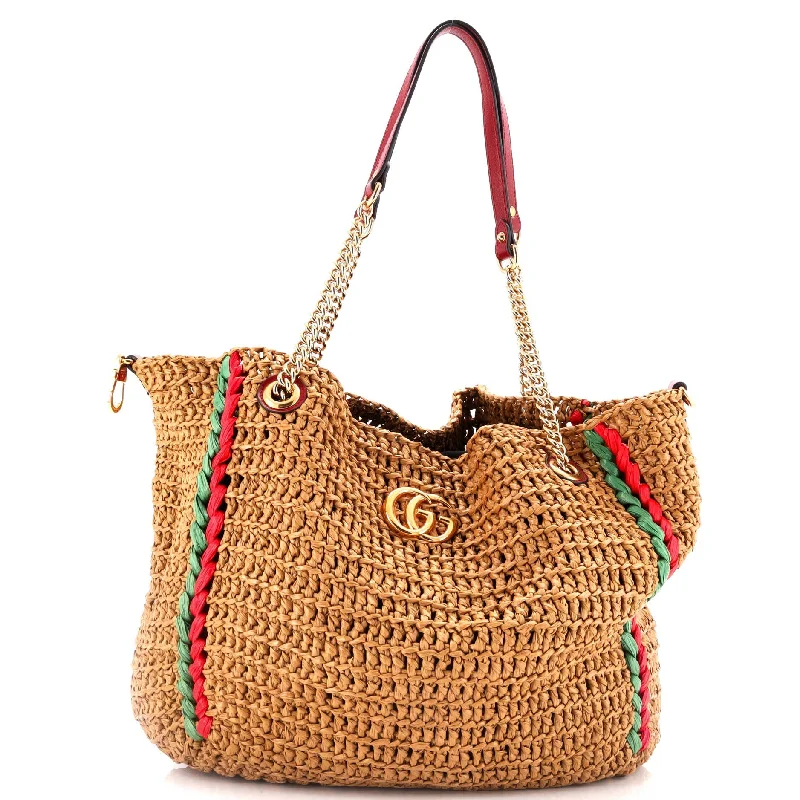 Ladies tote bag with phone pocket-GG Marmont Chain Tote Raffia Large