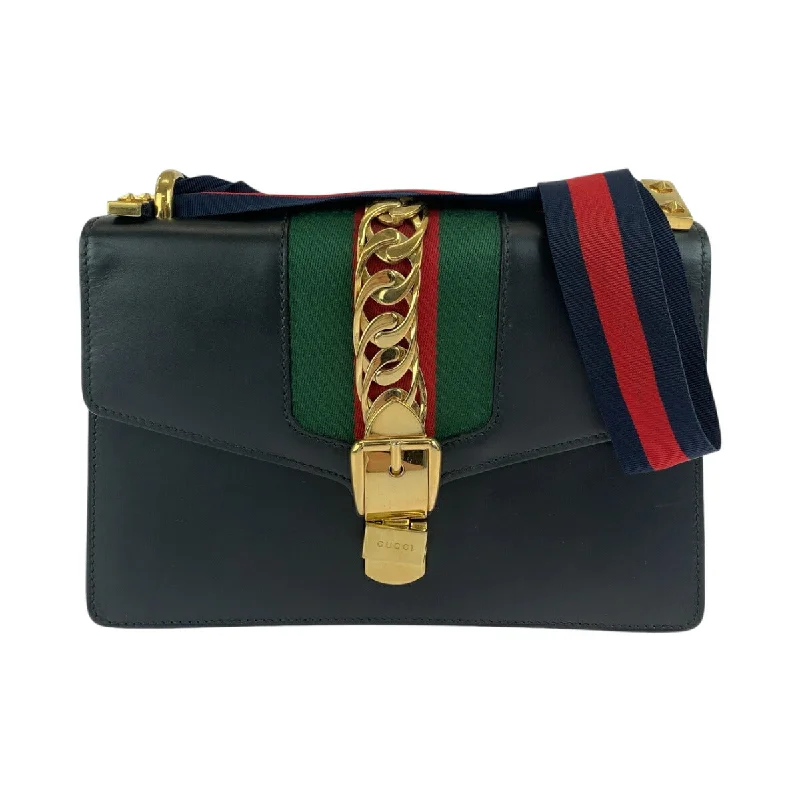 Ladies shoulder bag in striped design-Gucci Leather Sylvie Shoulder Bag Black