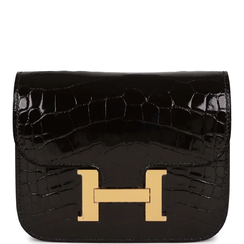 ladies wallet in soft fabric-Hermes Constance Slim Wallet Shiny Black Alligator Gold Hardware