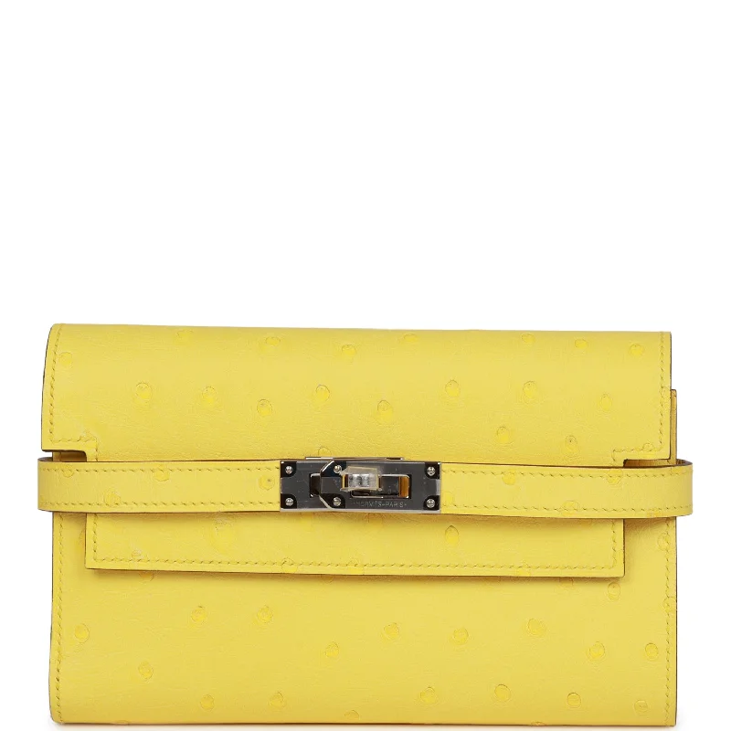 ladies wallet for minimalist women-Hermes Medium Kelly Depliant Wallet Jaune Citron Ostrich Palladium Hardware