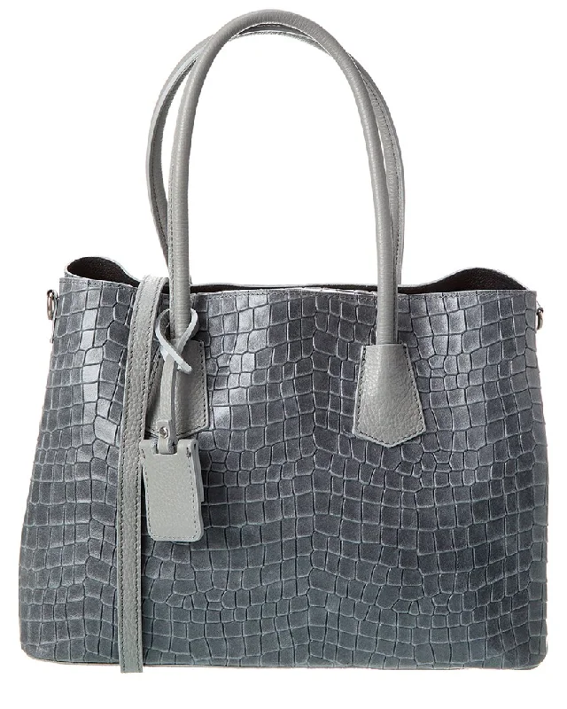 Ladies tote bag with handle-Italian Leather Top Handle Croc-Embossed Tote