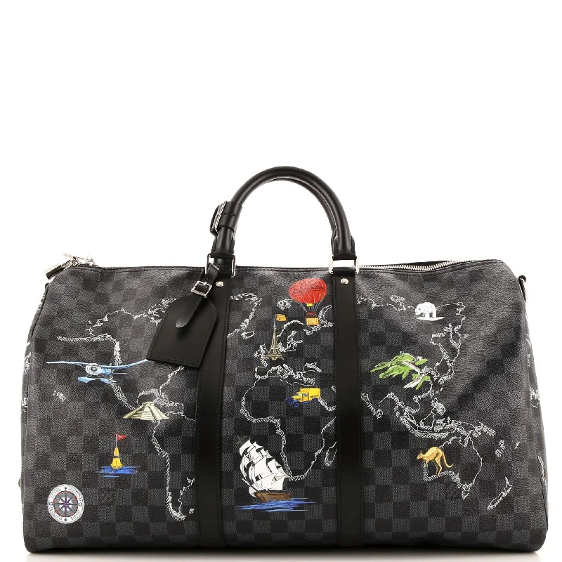 Ladies tote bag with craft storage-Keepall Bandouliere Bag Limited Edition Renaissance Map Damier Graphite 50