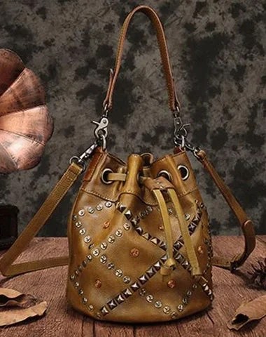 ladies handbags lilac shade-Tan Leather Womens Bucket Handbag Shoulder Bag Studded Western Brown Leather Shoulder Barrel Bag Purse