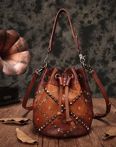 ladies handbags for business trips-Brown Leather Womens Bucket Handbag Shoulder Bag Studded Western Leather Shoulder Barrel Bag Purse