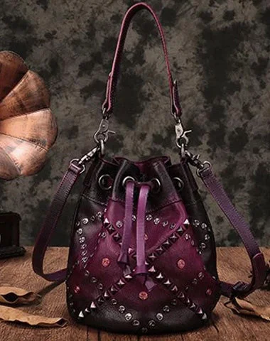 ladies handbags burnt orange-Purple Leather Womens Bucket Handbag Shoulder Bag Studded Western Leather Shoulder Barrel Bag Purse