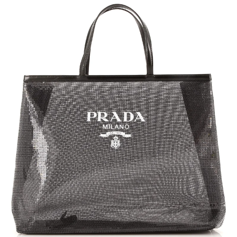 Ladies tote bag with cushioned strap-Logo Open Tote Sequined Mesh Large