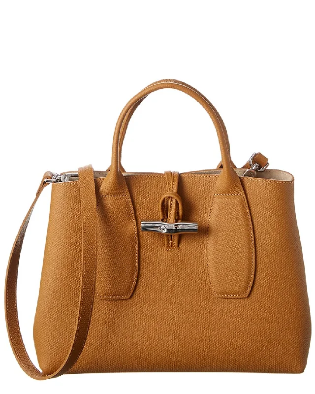 Ladies tote bag with keychain-Longchamp Roseau Medium Leather Tote