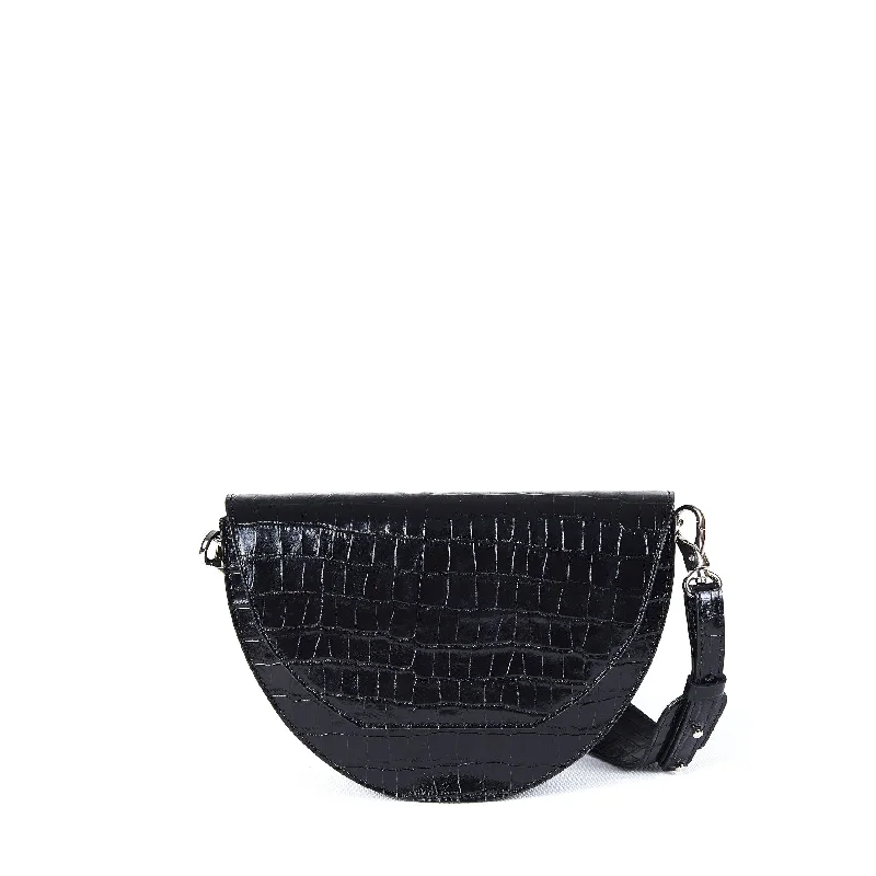 ladies handbags luxury design-Lune Saddle Bag (Black Croc-Embossed)