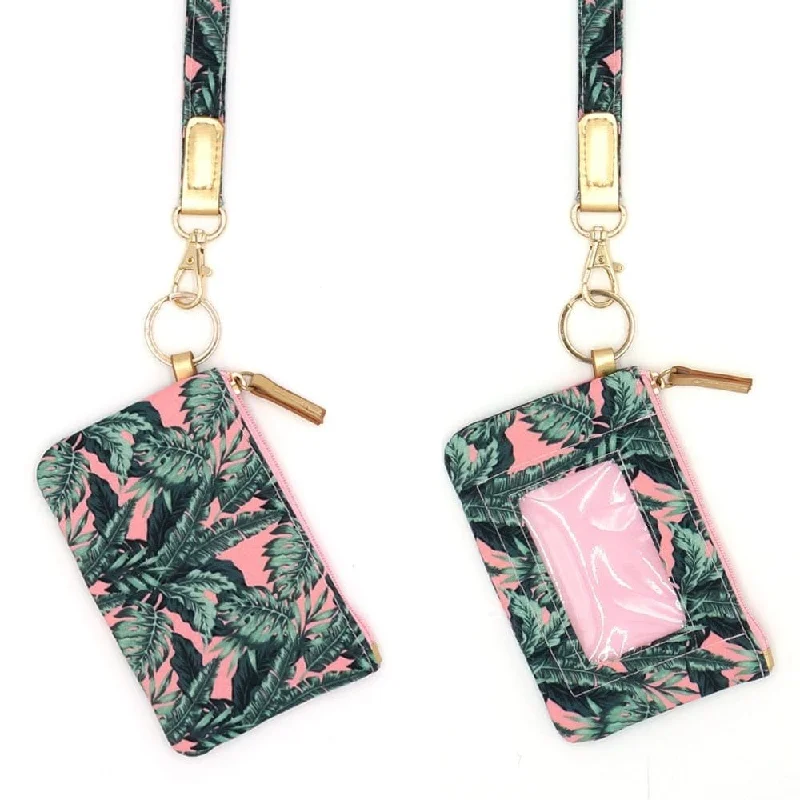 ladies wallet for small purses-MB0144 Tropical Leaves Lanyard ID Wallet