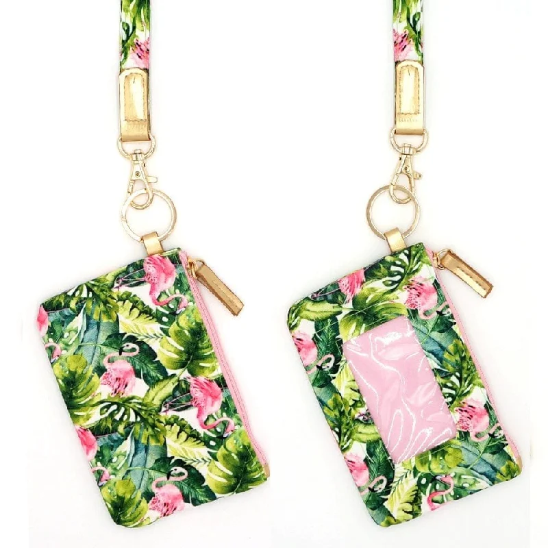 ladies wallet in suede material-MB0147 Tropical Flamingo Lanyard ID Wallet