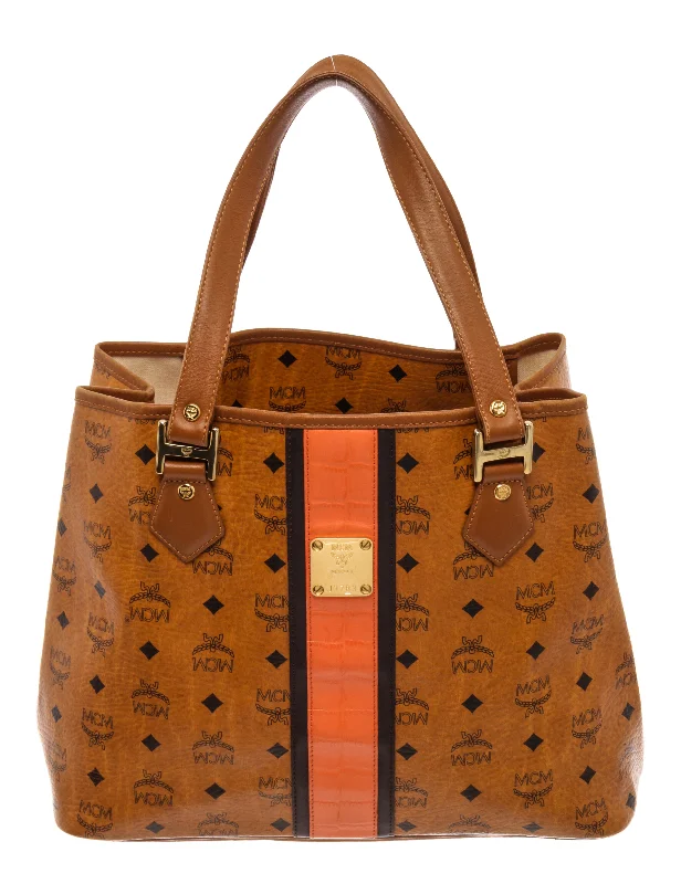 Ladies tote bag with reinforced bottom-MCM Brown Visetos Leather-Trimmed Tote Bag