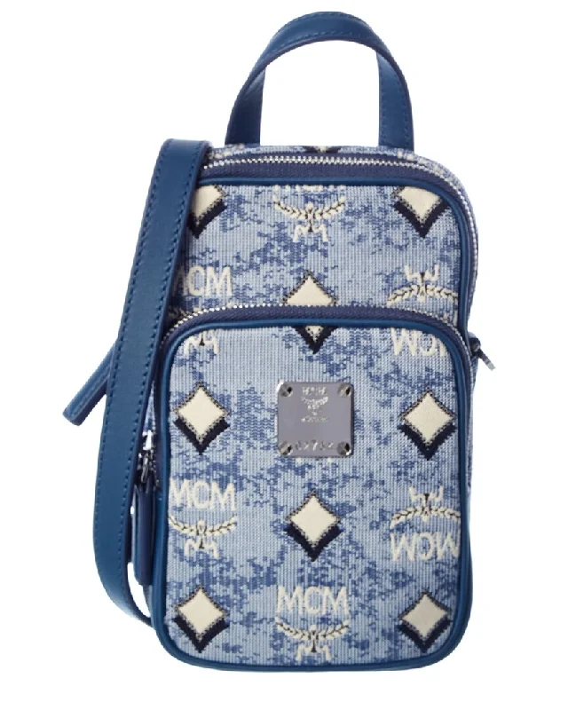 Compact ladies crossbody bag for essentials-MCM Vintage Jacquard Monogram Canvas & Leather Crossbody