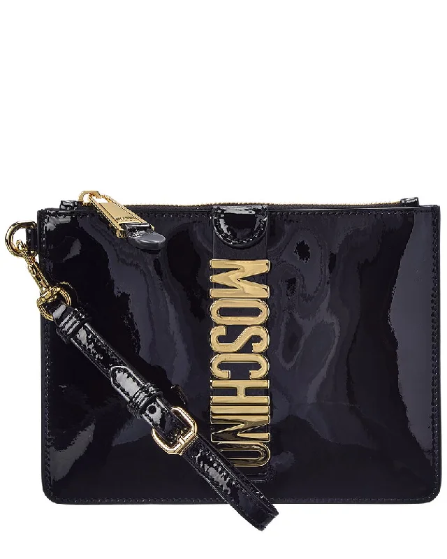 ladies wallet with matte leather-Moschino Logo Patent Wristlet