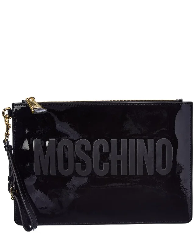 ladies wallet with coin section-Moschino Logo Patent Wristlet