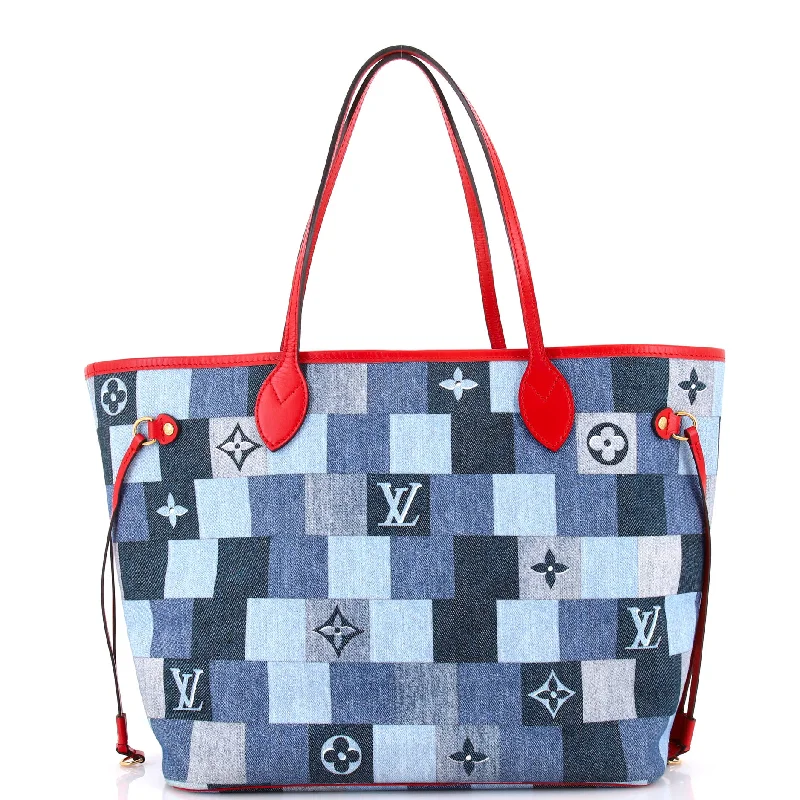 Ladies tote bag chic-Neverfull Tote Damier and Monogram Patchwork Denim MM