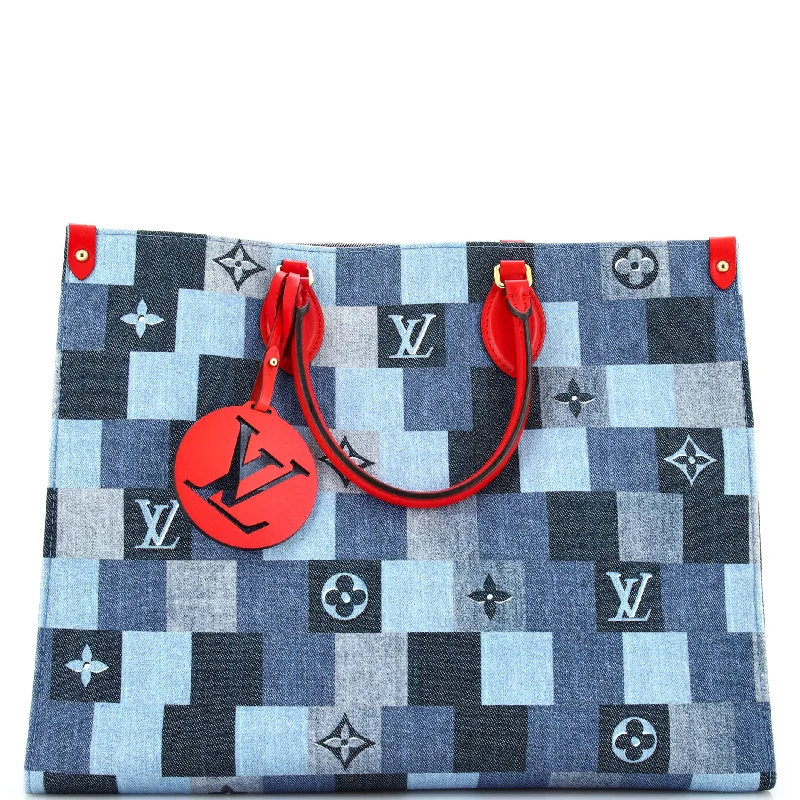 Ladies tote bag with reading glasses case-OnTheGo Tote Damier and Monogram Patchwork Denim GM