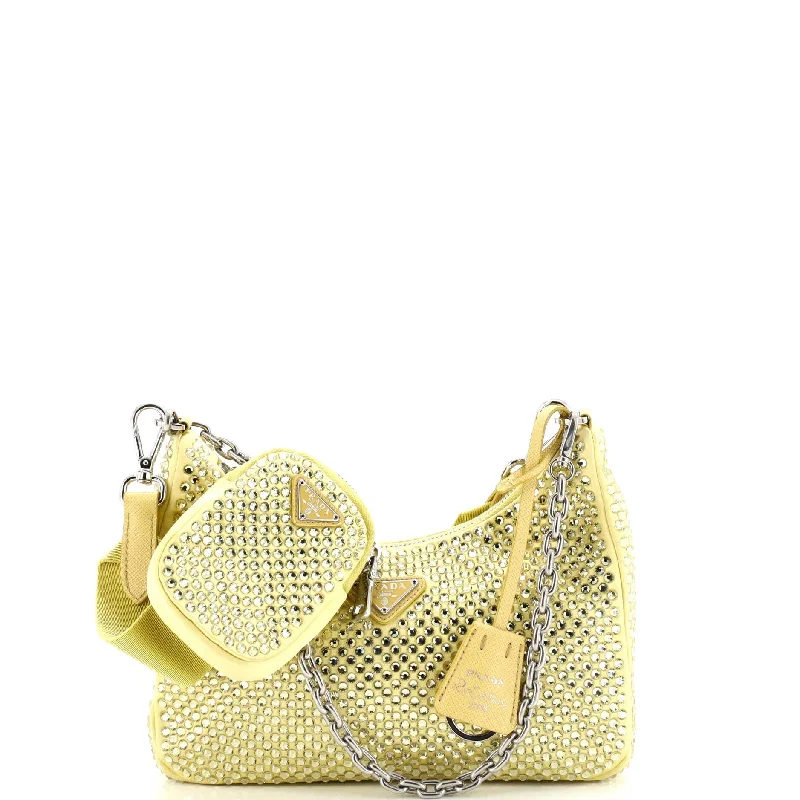 Ladies shoulder bag in glitter finish-Re-Edition 2005 Shoulder Bag Crystal Embellished Satin Small