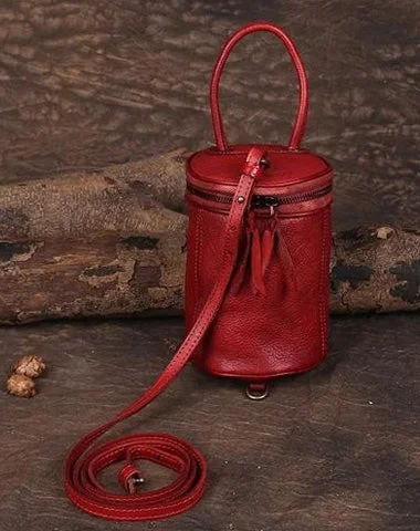 ladies handbags with metallic hardware-Red Womens Leather Bucket Handbag Womens Barrel Purse Small Brown Bucket Shoulder Purse