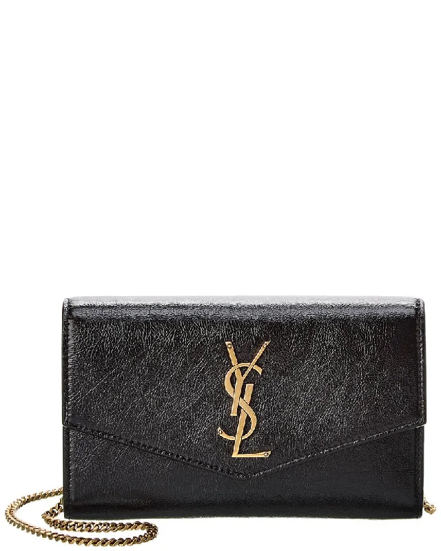 ladies wallet with side slot-Saint Laurent Uptown Leather Wallet On Chain