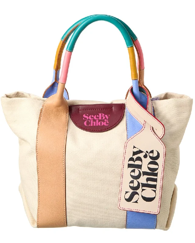 Ladies tote bag with library card pocket-See by Chloé Laetizia Small Canvas & Leather Tote