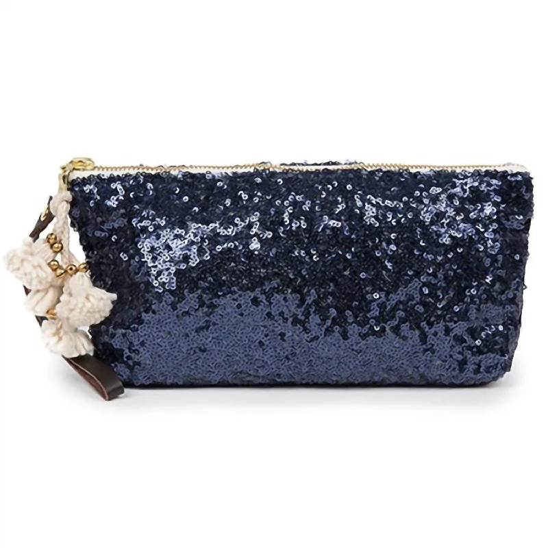 ladies wallet with textured leather-Sequin Wristlet Indigo