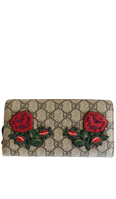 ladies wallet with textured leather-GG Supreme Monogram Embroidered Floral Zip Around Wallet