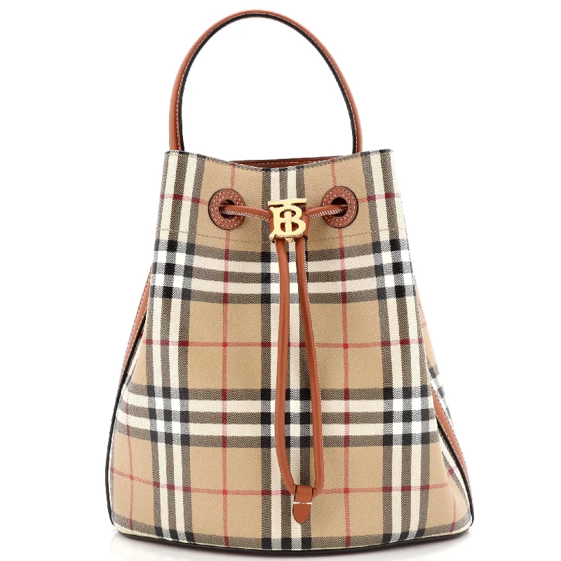 Ladies shoulder bag for picnics-TB Drawstring Bucket Bag Vintage Check Canvas Small