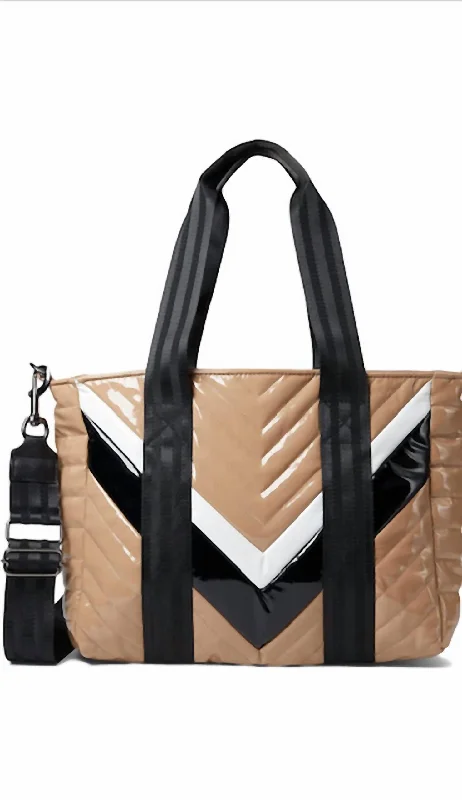 Ladies tote bag colorful-Telluride Chevron Colorblock Tote in Nude Patent With Black And White