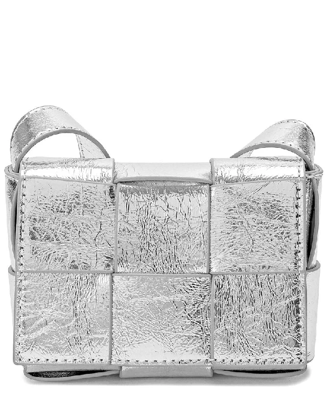 Ladies crossbody bag with leather fringe-Tiffany & Fred Mini Woven Metallic Leather Crossbody