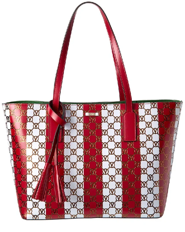 Ladies tote bag matte finish-Valentino by Mario Valentino Soho Monogram Stripes Leather Tote