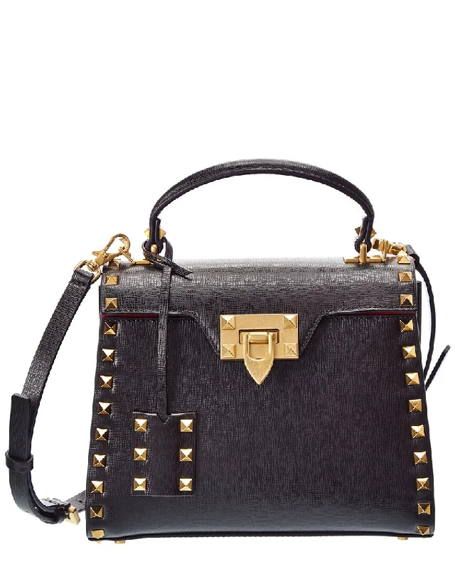 Ladies shoulder bag with envelope flap-Valentino Rockstud Alcove Small Grainy Leather Shoulder Bag, Black