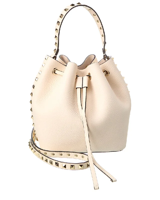 Ladies shoulder bag for travelers-Valentino Rockstud Grainy Leather Bucket Bag