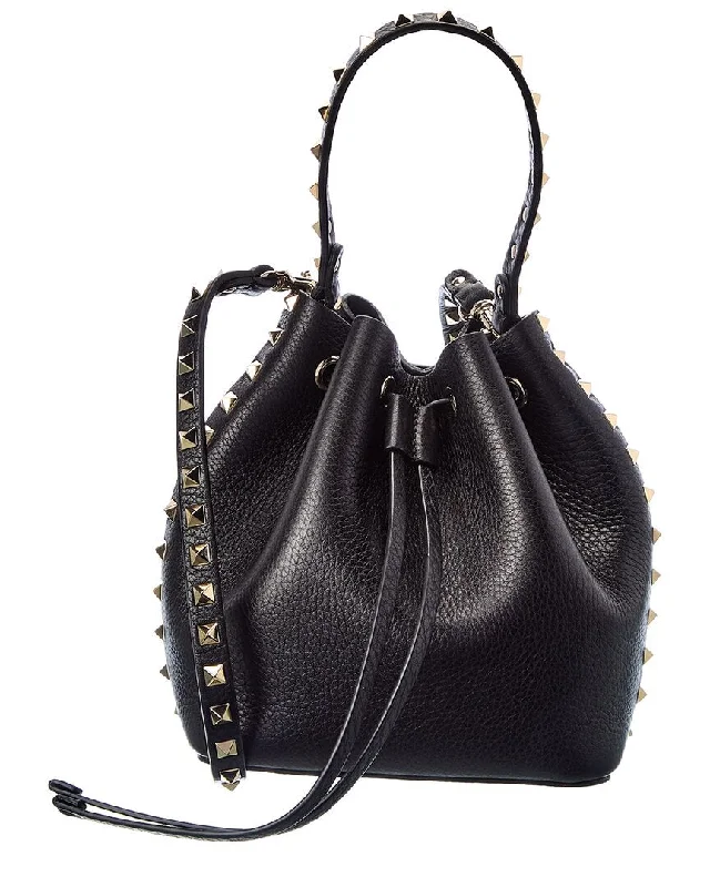 Ladies shoulder bag for sightseeing-Valentino Rockstud Grainy Leather Bucket Bag