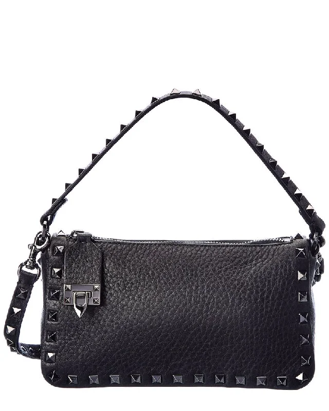 Ladies crossbody bag in sleek black-Valentino Rockstud Small Grainy Leather Crossbody